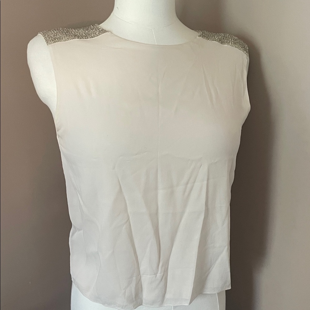 Alice + Olivia  Elegant silk Sleeveless White Top with Silver sequin Accents